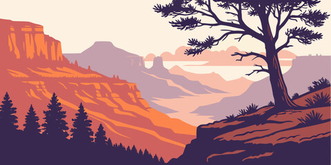 A majestic tree stands tall on a cliff overlooking a vast canyon at sunset Vector © MD MOGAMMEL HAQUE 