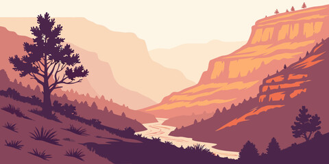 A serene landscape of a river winding through a valley surrounded by mountains. Vector © MD MOGAMMEL HAQUE 