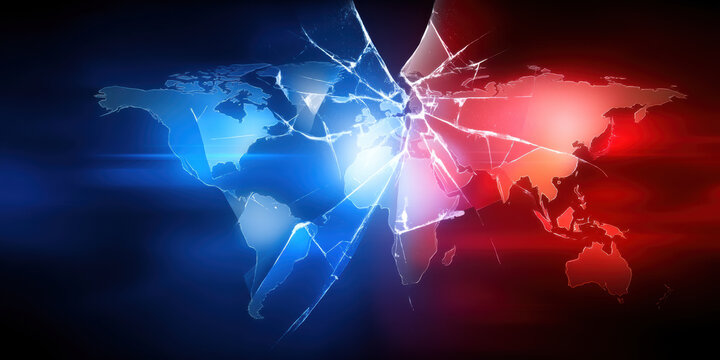 Blue world map tariffs cracked glass conflict glowing red light