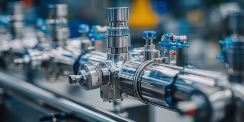 Obraz premium Precision industrial equipment with shiny metal pipes and blue valves in a clean manufacturing facility