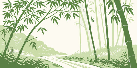 Serene bamboo forest with sunlight filtering through the tall green stalks Vector © MD MOGAMMEL HAQUE 
