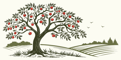 A majestic tree stands tall in a serene landscape with a clear blue sky. Vector © MD MOGAMMEL HAQUE 