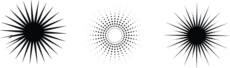 Fototapeta premium Three black and white radial pattern with varying dot and line densities dots