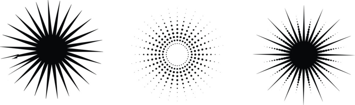 Three black and white radial pattern with varying dot and line densities dots