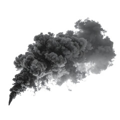 Fototapeta premium Dramatic Smoke Plume Isolated On White Background: A striking plume of dark smoke billows dramatically, showcasing a dynamic interplay of shadows, textures, and atmospheric tension.