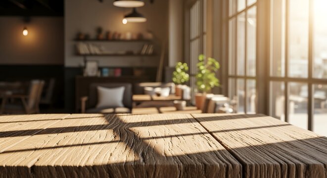 Rustic wooden board background with sunlight through window frame, cozy cafe interior concept