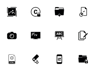 Set of Solid Black Icons for Digital Media, File Management, and Security
