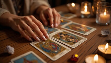 Gentle Card Reading Session on Wooden Table &mdash; Mindful Reflection, Intentional Pause & Calm Atmosphere Concept