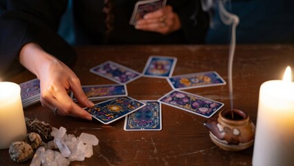Gentle Card Reading Session on Wooden Table &mdash; Mindful Reflection, Intentional Pause & Calm Atmosphere Concept