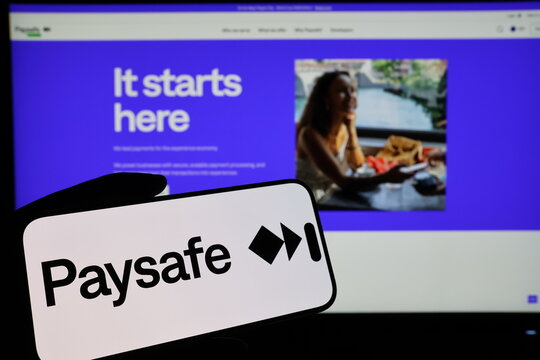 Kiel, Germany - 03-06-2026: Smartphone displaying UK payments company Paysafe logo in front of companys webpage
