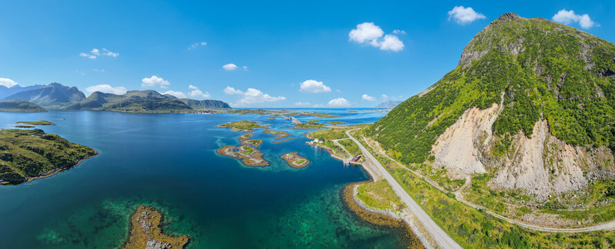 Aerial view of the coastal landscape overlooking the Fredvang Bridges and the North Atlantic near Ramberg. Lofoten in Norway.