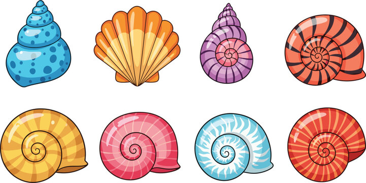 Colorful Sea Shells Collection Spiral and Scallop Shells Flat Vector Illustration Set