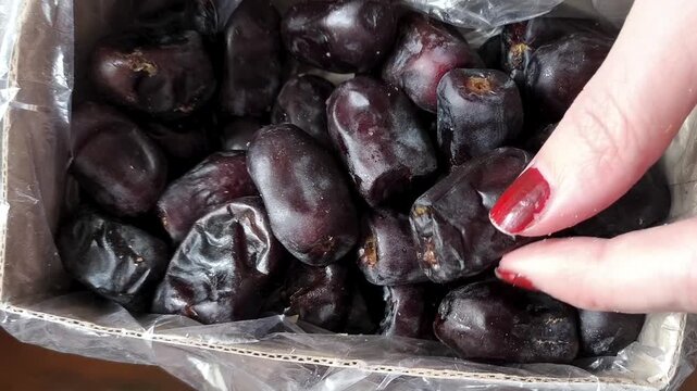 A woman's hand takes a close-up of dates from a box. Dried dates