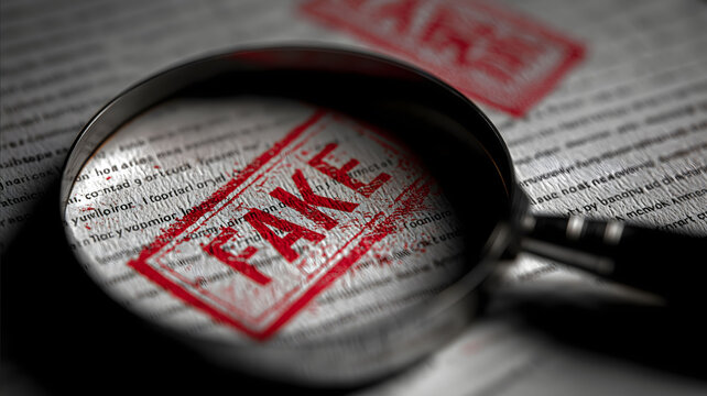 Magnifying glass highlighting red FAKE stamp on official document fraud and forgery detection concept document verification and authentication theme closeup realist