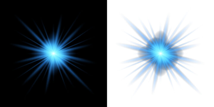Blue star flashed with sparkles sun isolated on png background. Shining light with blue color. Christmas festive glowing bokeh confetti light and glitter texture overlay for your design.