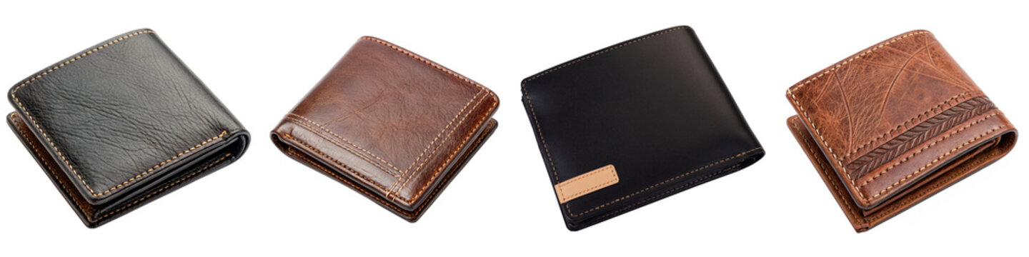 Collection of diverse leather wallets in various colors and designs, perfect for financial concepts and style.