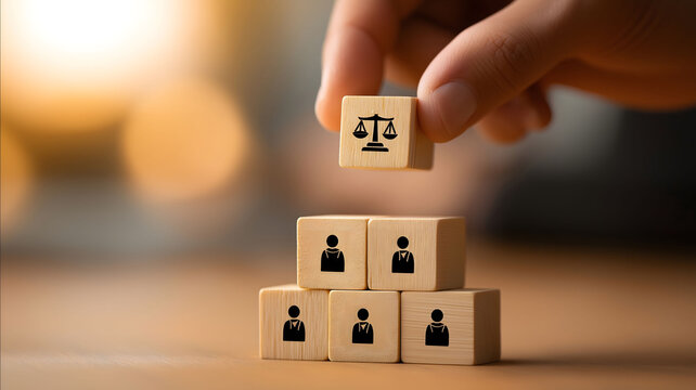 Conceptual business leadership photo a persons hand placing a small wooden cube with a justice scale icon on top of a pyramid stack of wooden cubes The cubes below f