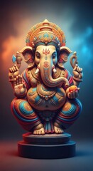 Fototapeta premium A vibrant, intricately carved sculpture of the revered elephant-headed god, symbolizing wisdom, new beginnings, prosperity, and the removal of hurdles, Vibrant, Remover, Elephant