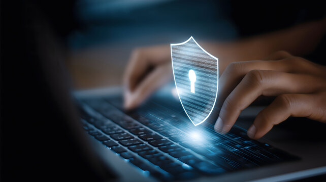 Hands typing on a laptop keyboard with a digital security shield and padlock icon overlay representing cyber security data protection online privacy network securit