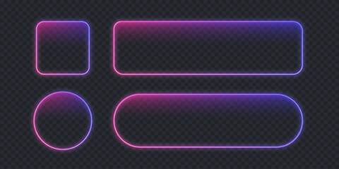 Neon button frame with oval, square and rectangle shapes isolated on black bg, Glow blue green gradient for casino or mobile games. Neon pill mockup for online shop, outline call action banner. 