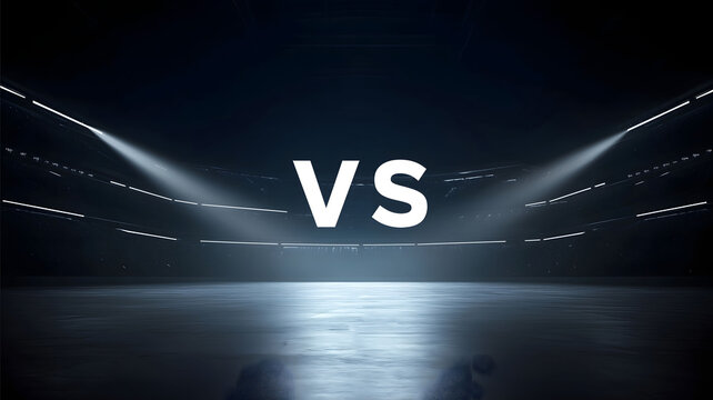 A dramatic versus VS screen background dark modern arena atmosphere two opposing sides facing each other glowing white VS text in the center with sharp diagonal spl