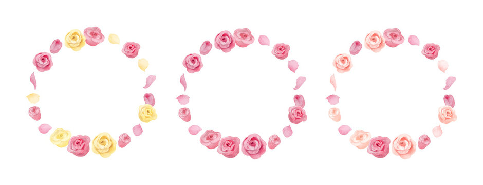 Watercolor Rose Wreath Set: Elegant Floral Frame for Wedding and Greeting Cards-300dpi-	