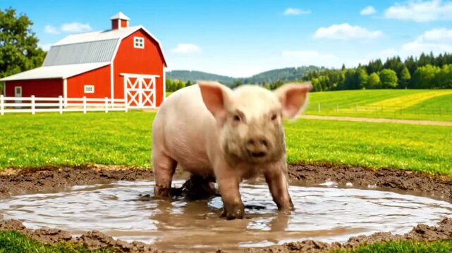 Pig Playing in Mud Puddle on Farm.