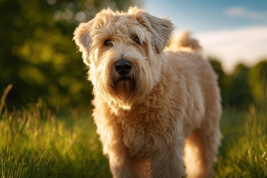 Cheerful wheaten terrier with fluffy golden coat outdoors in a peaceful field