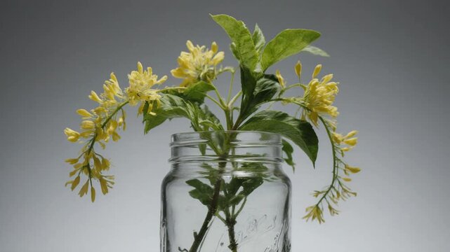 Fresh Yellow Flowers in Glass Jar.