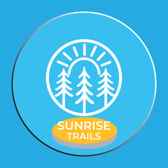 Sunrise Trails Logo: Minimalist Pine Tree and Sun Icon in Blue Circle