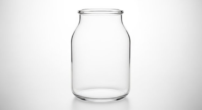 Empty glass container isolated on a bright white background, ready for storage or packaging. Transparency and reflection emphasized, product, clean, preserving jar