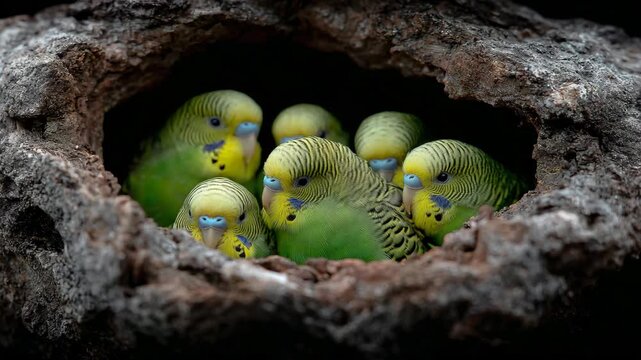 Group of colorful yellow and green parakeets huddled together in a tree hole