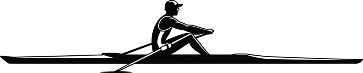 Professional Silhouette of a Male Athlete Rowing a Single Scull Shell Boat on Water for Competitive Sports Training, Fitness, and Graphic Design Icons © Poritash