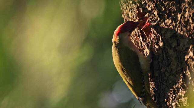 Slow motion of European green woodpecker (Picus viridis) feeding nestling with ant pupae at golden hour