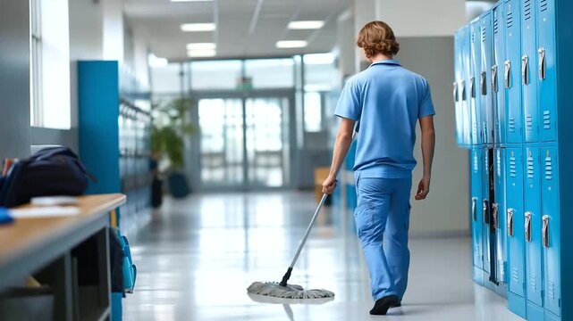 Faceless janitor in blue uniform mopping school hallway floor near lockers, cleaning service worker ensuring hygiene standards, routine safety at work, clean tidy school