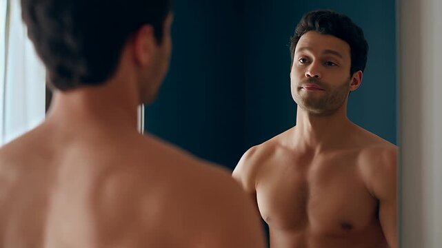 Man looking in mirror, grooming, self-reflection, male confidence, bathroom personal care man, mirror.