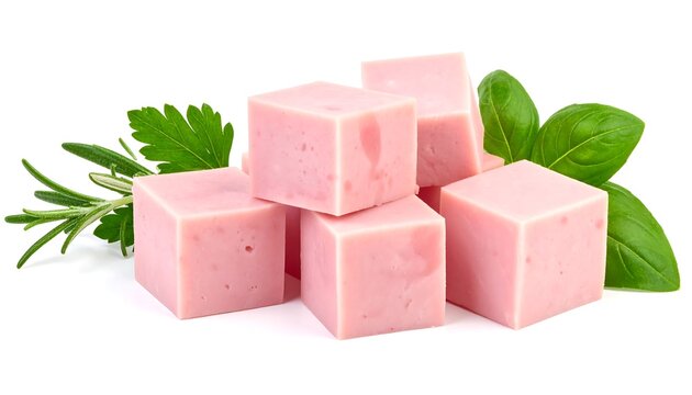 Stack of pink ham cubes with basil, parsley, and rosemary sprigs on a white background