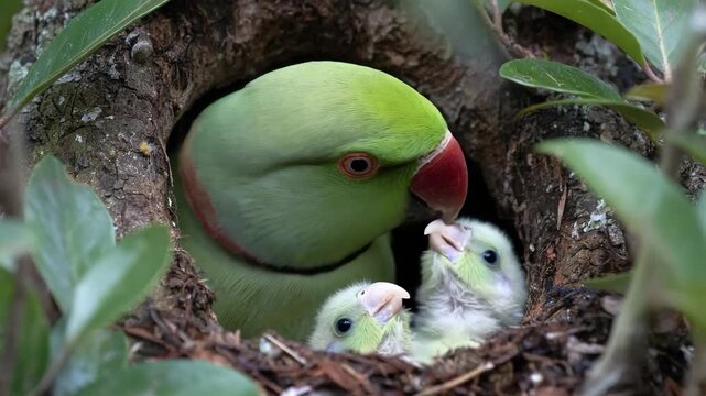 A green parrot with two baby birds in a tree hole nest surrounded by leaves and twigs looking out