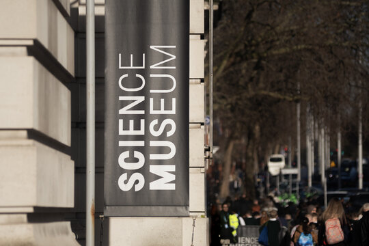 Science Museum banner on building facade in South Kensington London
