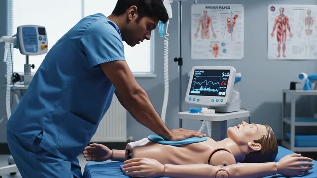 In a state-of-the-art simulation room, a committed healthcare professional passionately performs CPR on a realistic mannequin. The scene captures the essence of medical training.