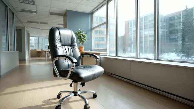 Empty office chair centered in long vacant office space ready for return, awaiting work setup, corporate workspace, professional business environment, commercial premises