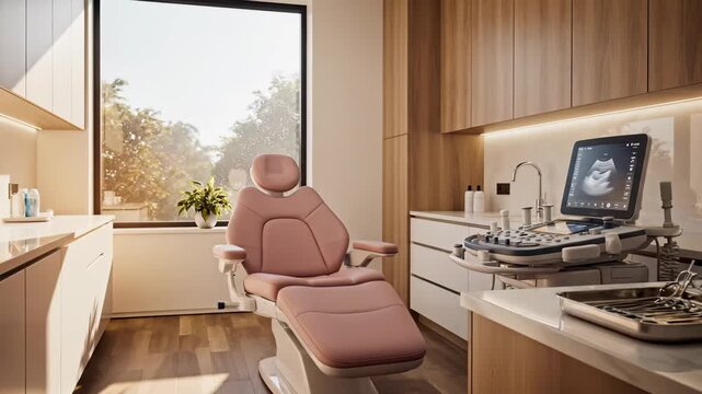 In a calm, spacious medical room, soft natural light filters through large windows, showcasing elegant furnishings and advanced ultrasound equipment. The inviting environment promotes relaxation.