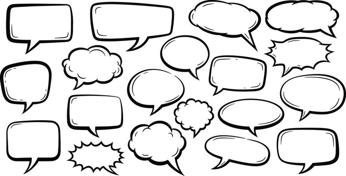 Collection of various comic book style speech bubbles and thought clouds