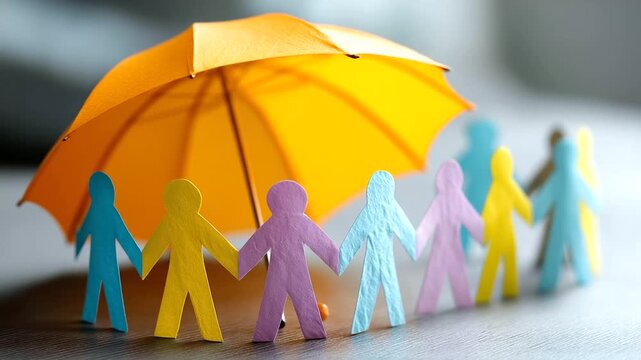 Colorful paper people figures standing together under open orange umbrella, symbolizing group protection and security for team members, life and health benefit concept, insurance