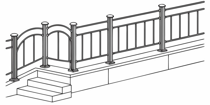 Elegant black metal railing with intricate designs on a wooden deck. Vector