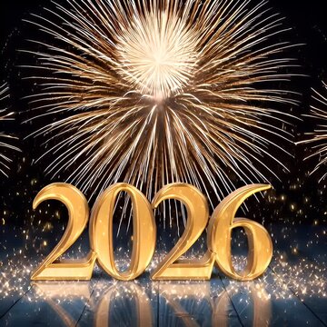 Happy New Year 2026 Celebration with Golden Numbers and Fireworks.