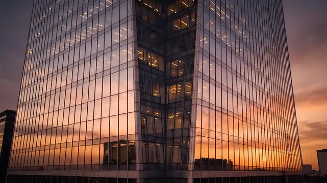 Modern Glass Office Building at Sunset.