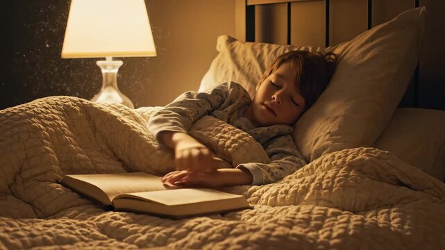 A serene nighttime setting reveals a young child peacefully tucked into bed, exploring the pages of a book. The warm glow of a bedside lamp casts a gentle light, enhancing the enchanting atmosphere.