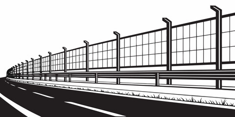 A long train with many cars traveling through a rural area with a fence alongside the tracks Vector
