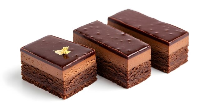 Three slices of decadent layered chocolate brownie with rich caramel filling